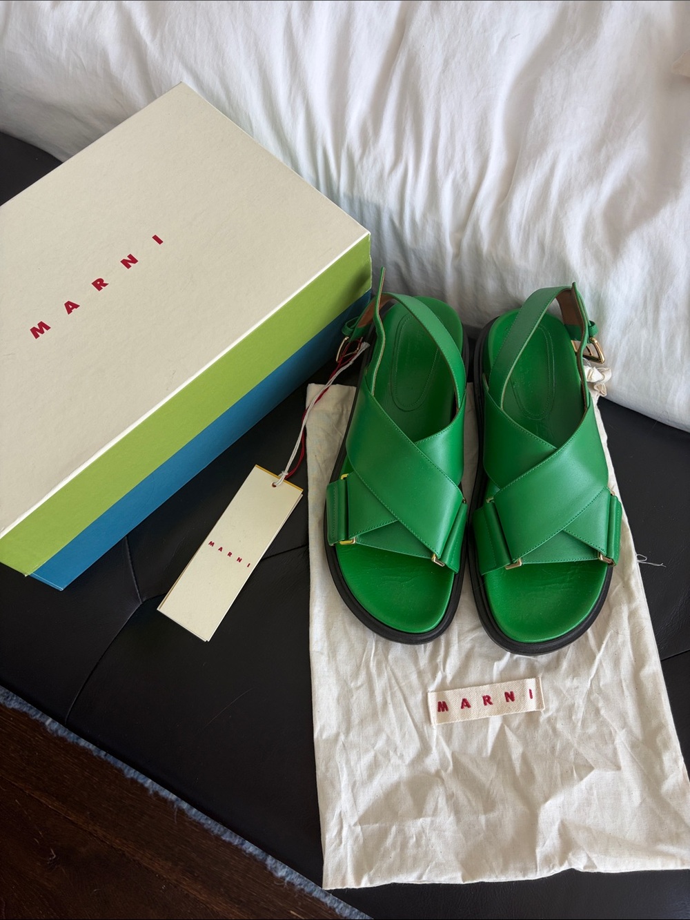Marni Bright Green Leather Crisscross Buckle Sandals